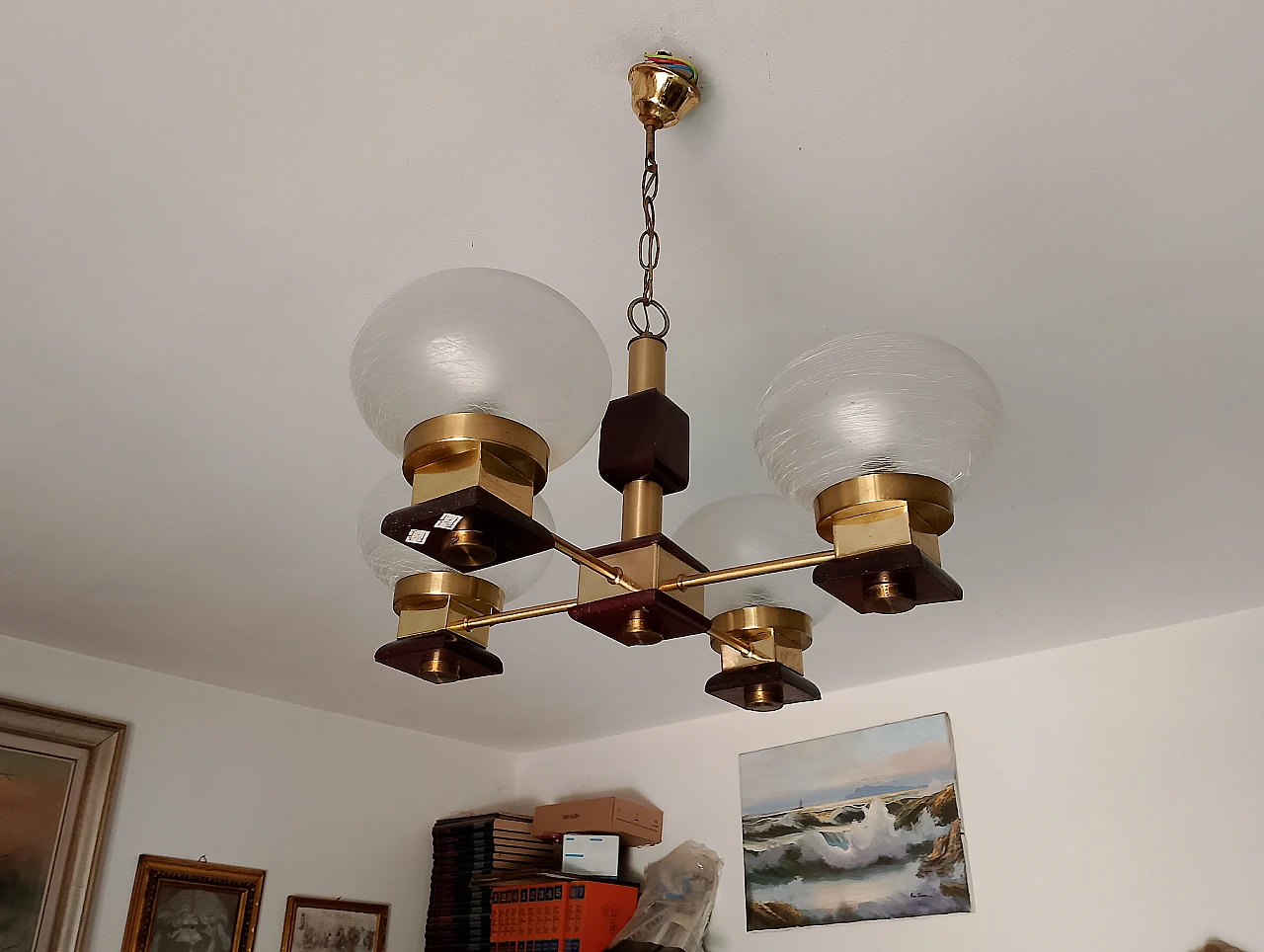 Metal, glass and wood chandelier, 1980s 11