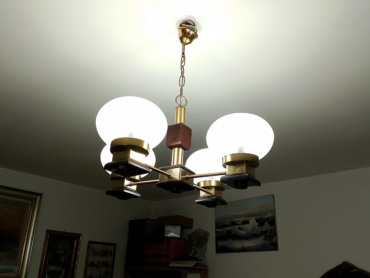 Metal, glass and wood chandelier, 1980s 12