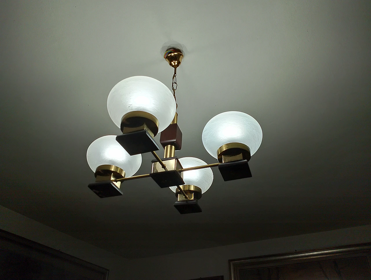 Metal, glass and wood chandelier, 1980s 13