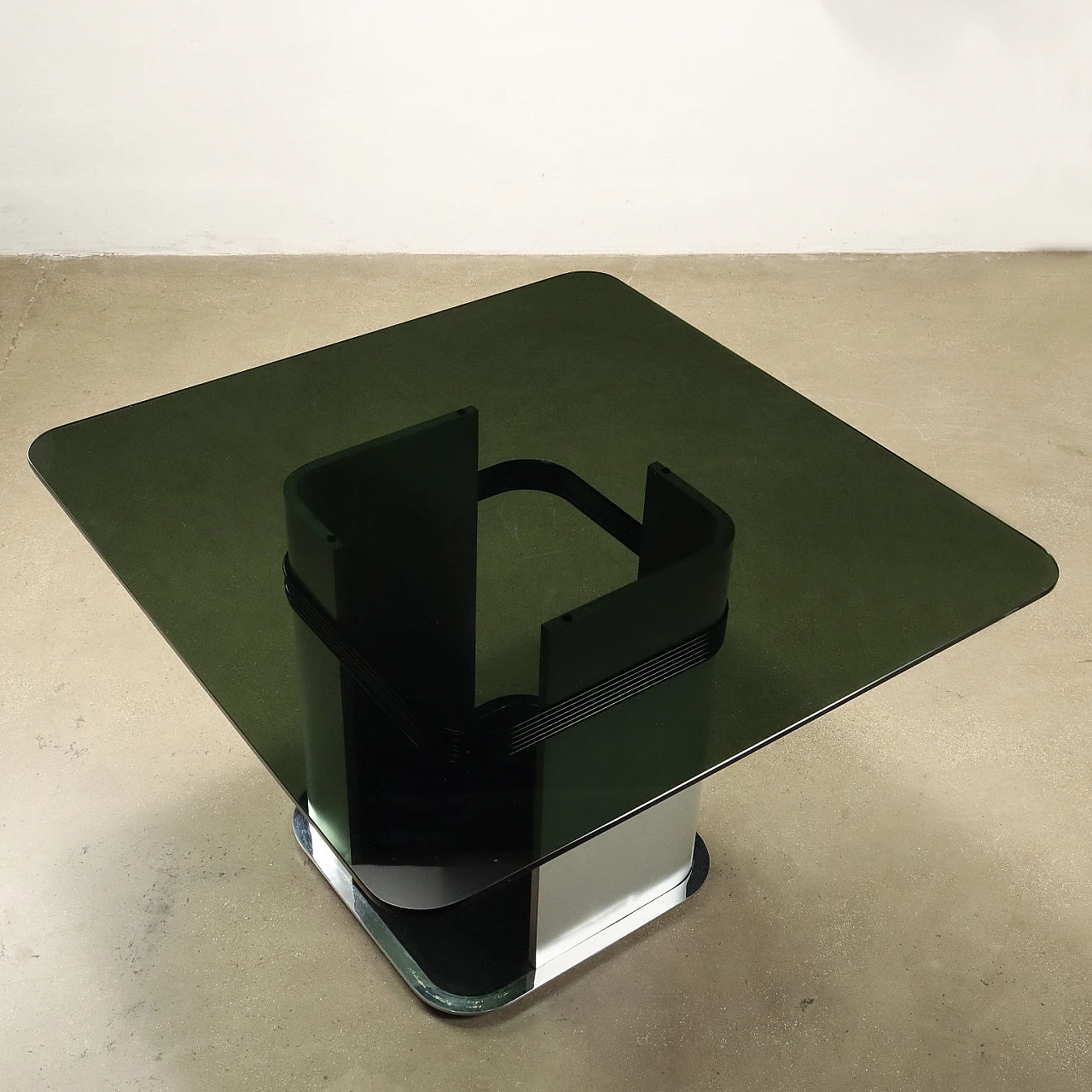 Table with wood and metal base and smoked glass top, 1970s 3