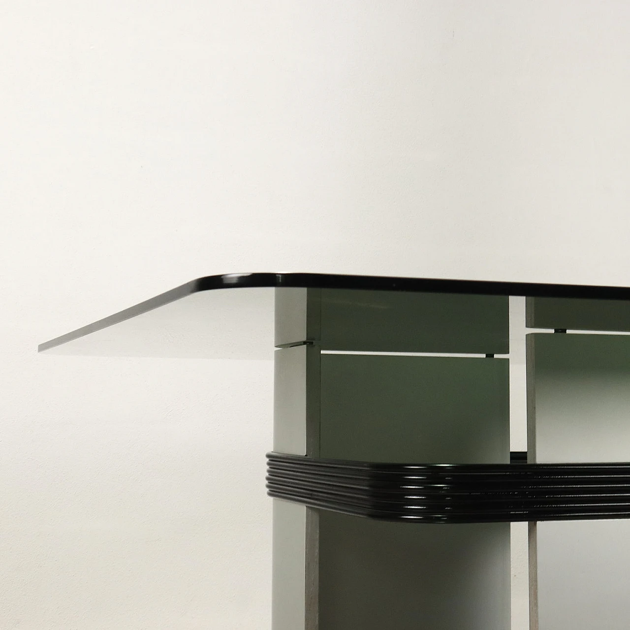 Table with wood and metal base and smoked glass top, 1970s 4