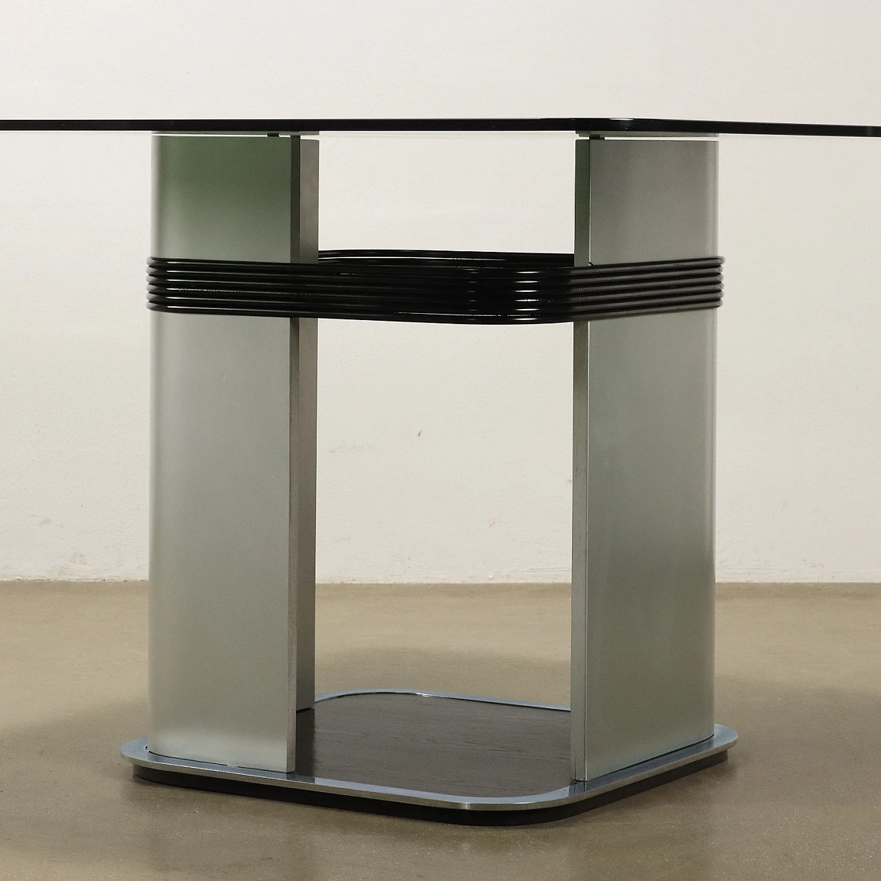 Table with wood and metal base and smoked glass top, 1970s 5