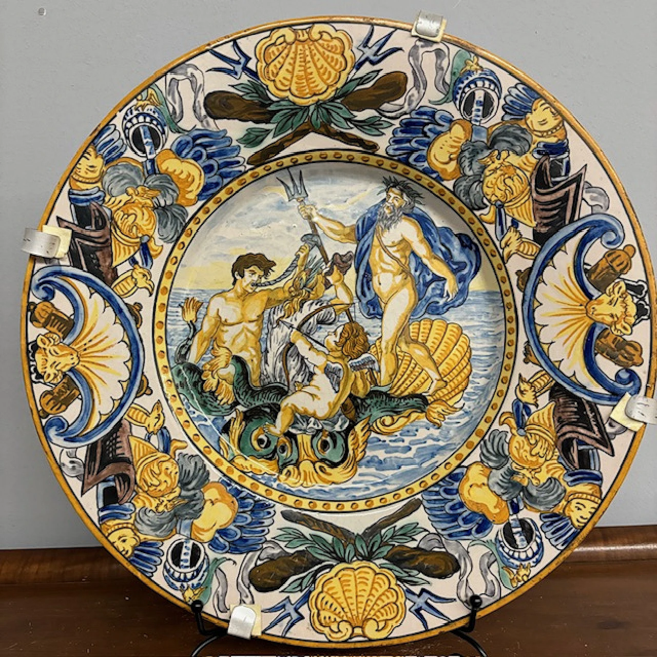 Majolica plate depicting Neptune by Carlo Mollica, 19th century 1