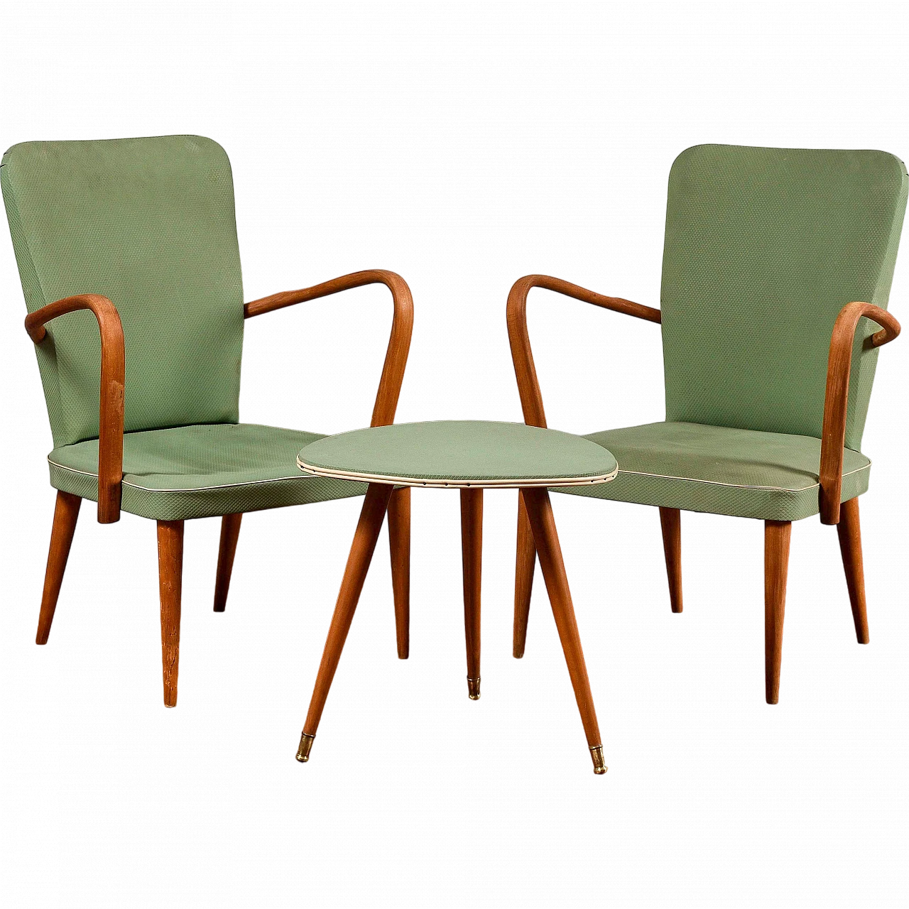 Pair of armchairs with coffee table in wood & green fabric, 1950s 9