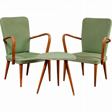 Pair of armchairs with coffee table in wood & green fabric, 1950s