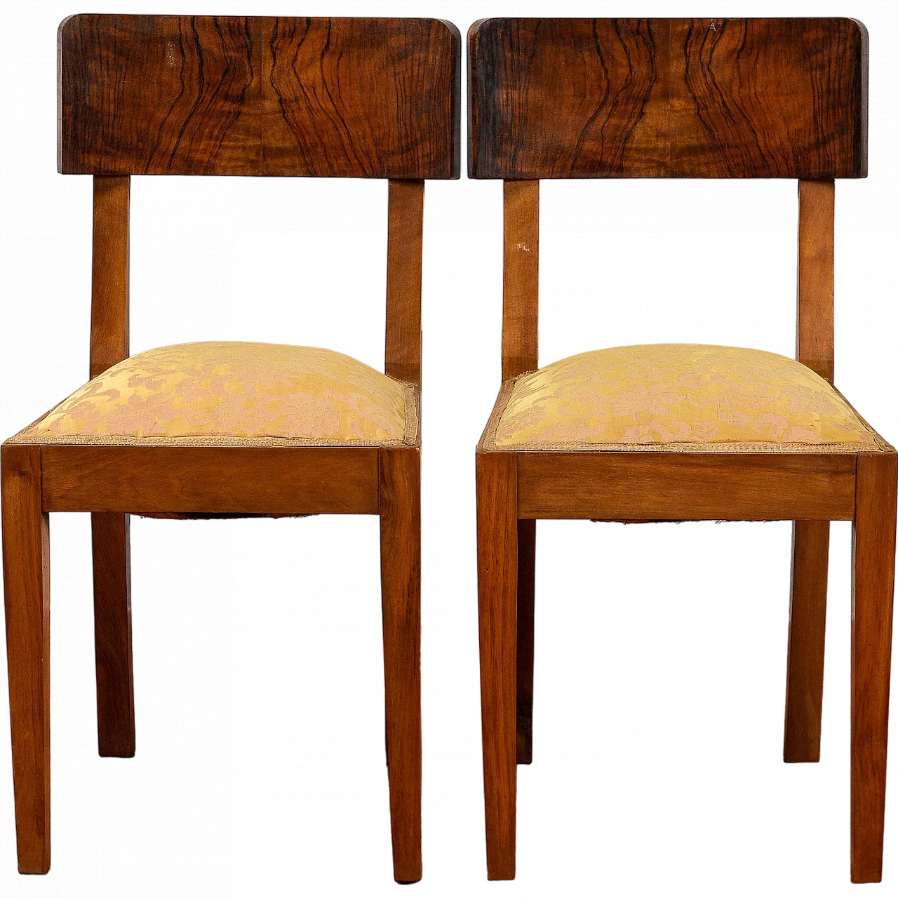 Pair of Art Deco chairs in wood with damask fabric seat 8