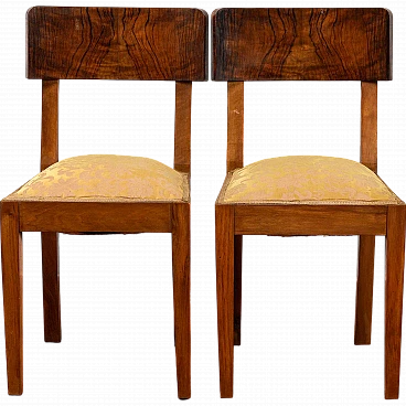 Pair of Art Deco chairs in wood with damask fabric seat