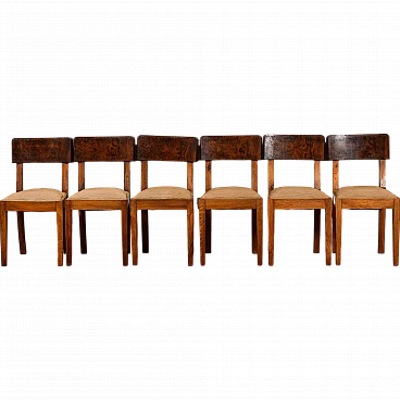 6 Art Deco chairs in wood with striped fabric seat