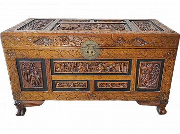 Wooden trunk with Asian figures, 1950s