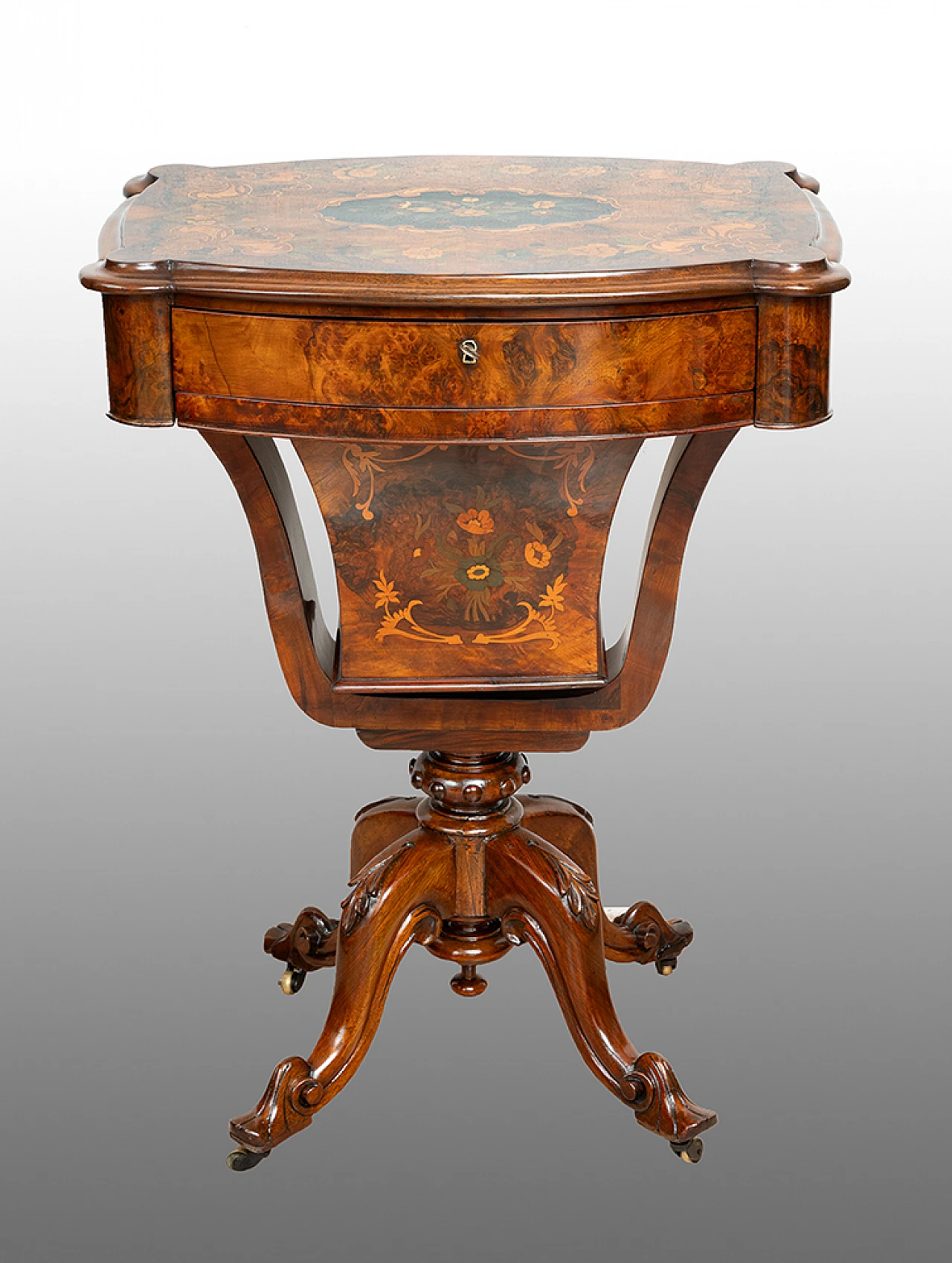 Victorian walnut-root work table, 19th century 1