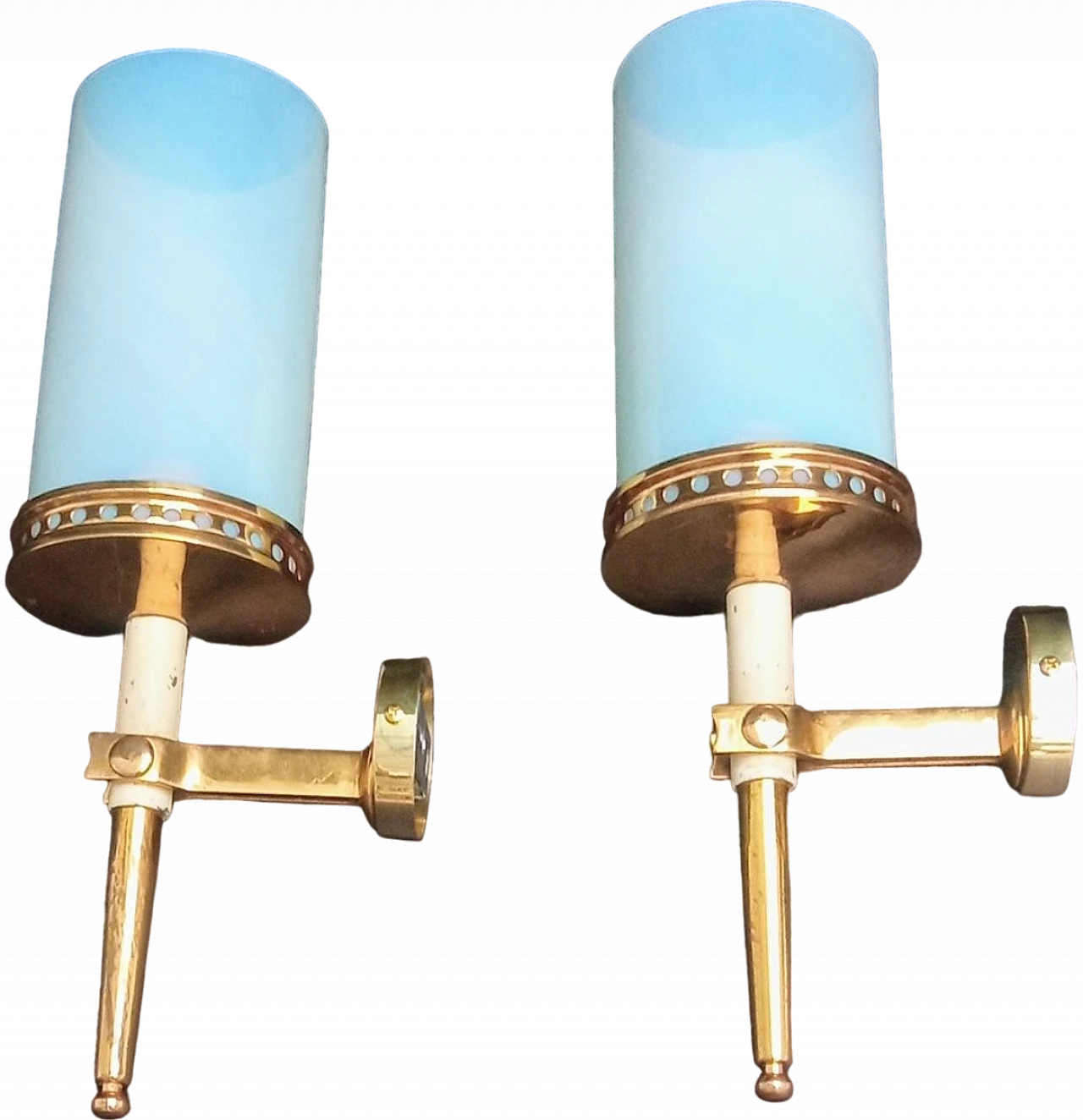 Brass and sky-blue Murano glass wall lamps, 1970s 8