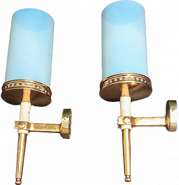 Brass and sky-blue Murano glass wall lamps, 1970s