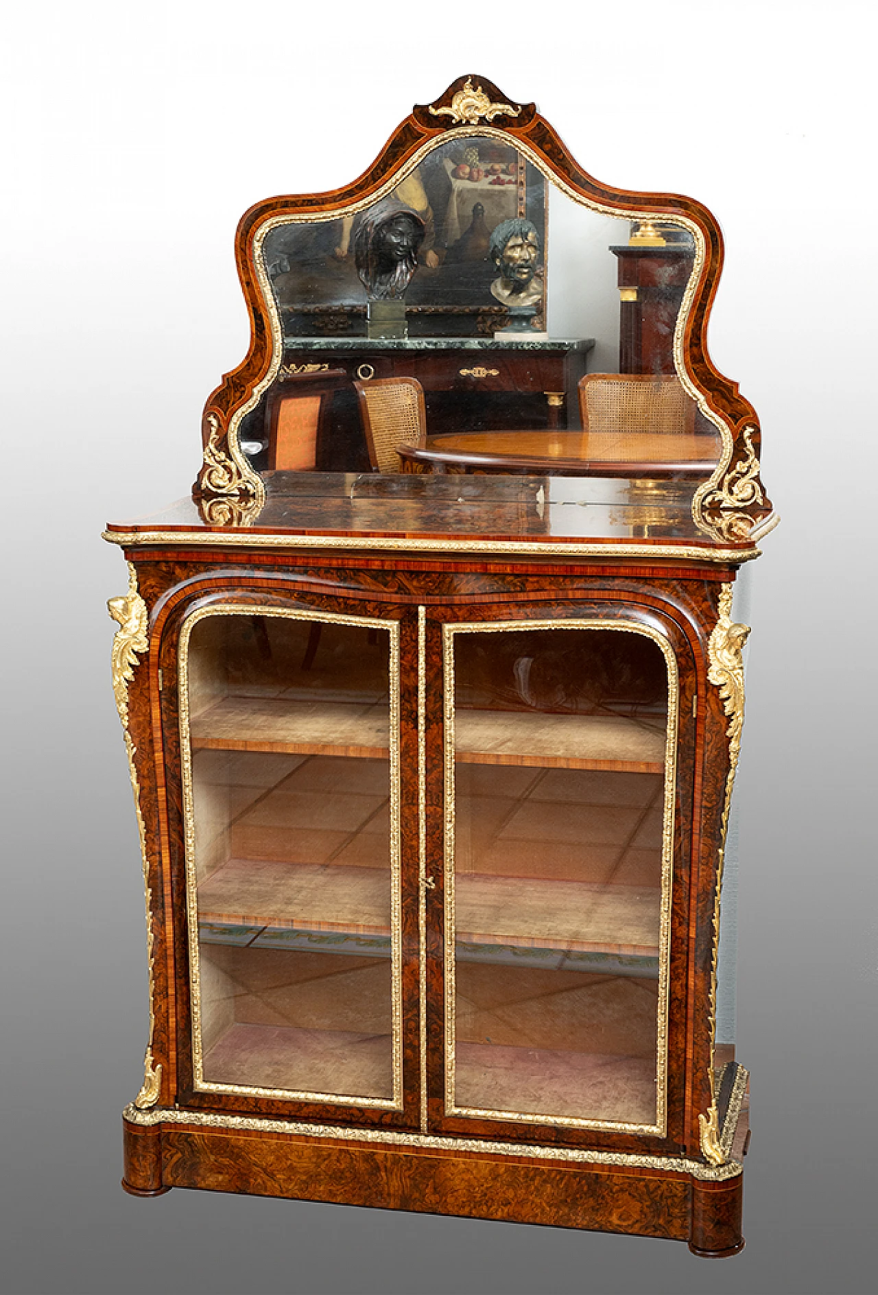 Walnut-root Victorian showcase with bronze grafts, 19th century 1