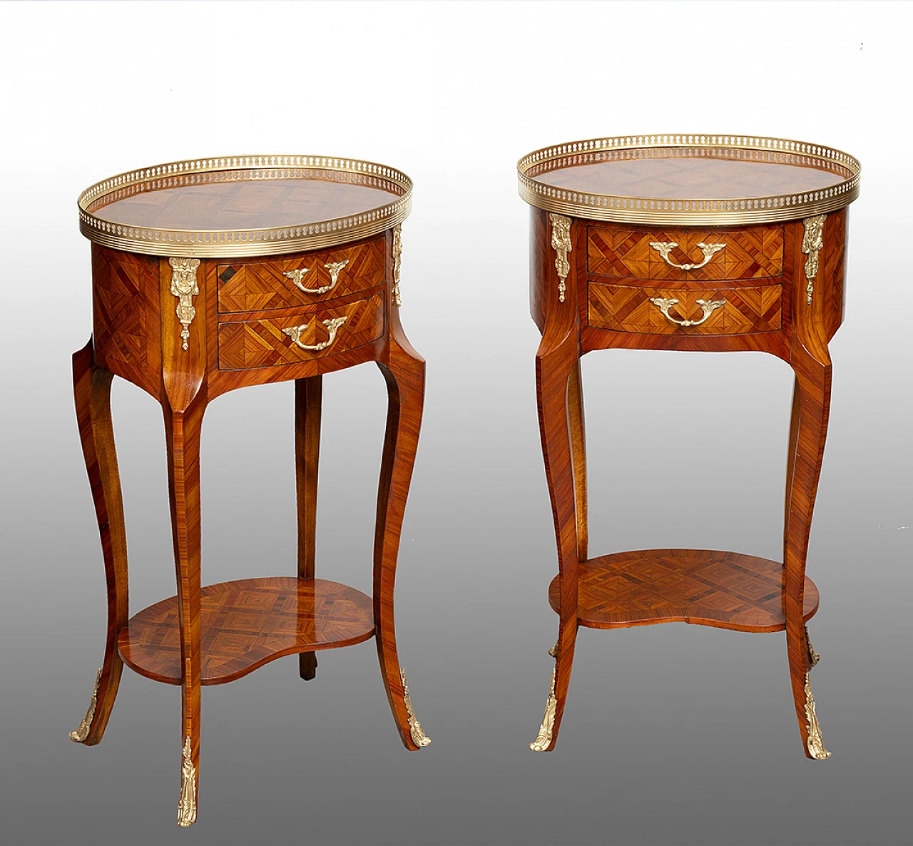 Pair of exotic wood egg-shaped bedside tables, early 20th century 1