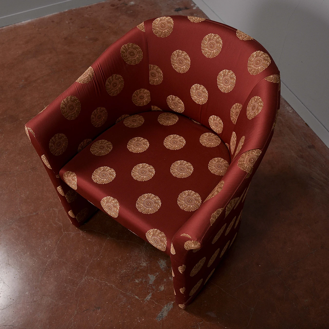 Cockpit armchair upholstered in red fabric with medallion print, 1990s 8