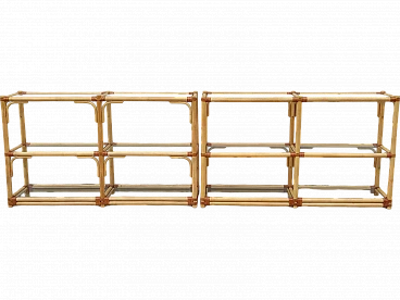 Pair of bamboo and leather etagere with glass shelves, 1980s