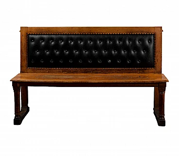 Fir wood bench with black leatherette backrest, 19th century