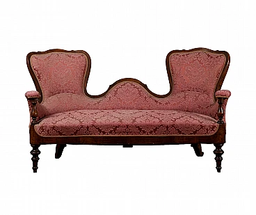 Conversation sofa in walnut and burgundy damask fabric, 19th century