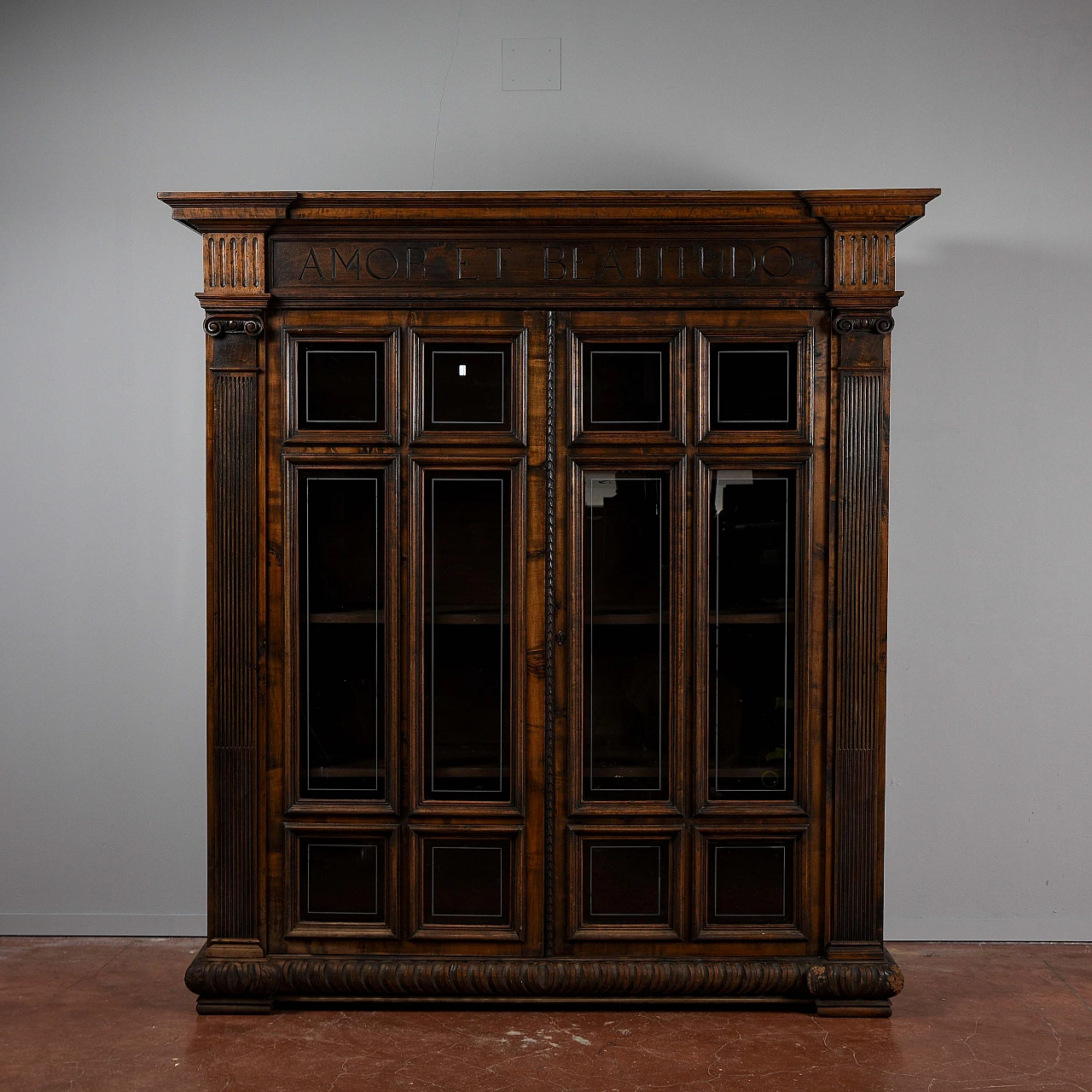 Neoclassical style showcase with bookshelf in wood & glass 1