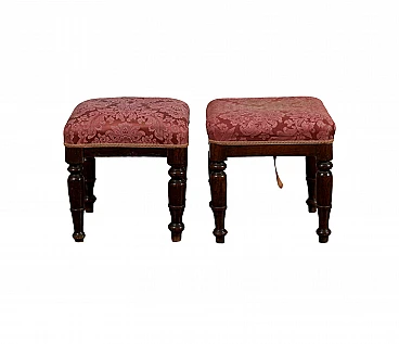 Pair of stools in walnut & red damask fabric seat, 19th century