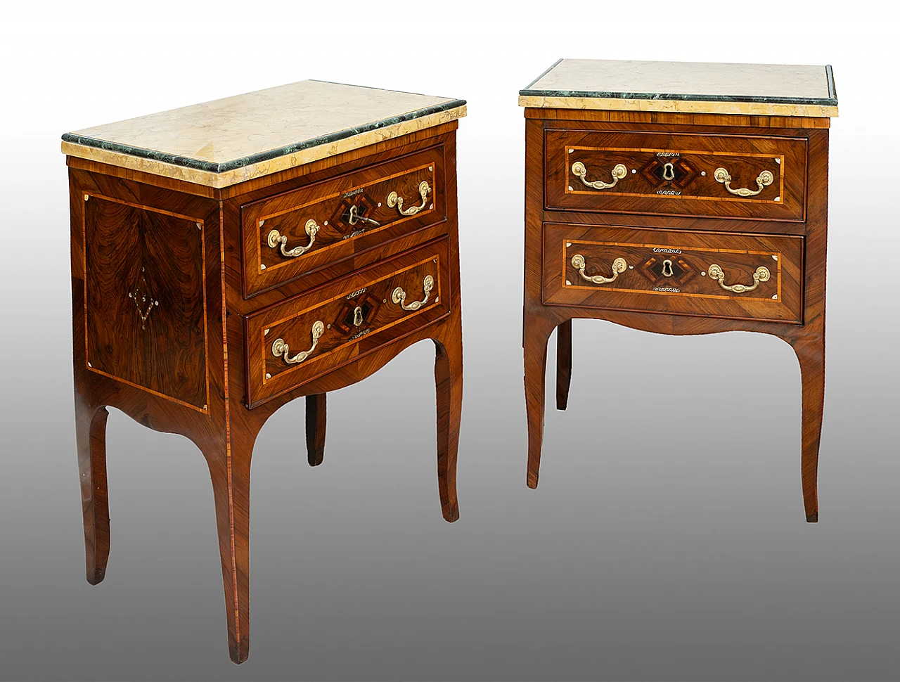 Pair of Louis XIV wooden bedside tables with marble top, 18th century 1