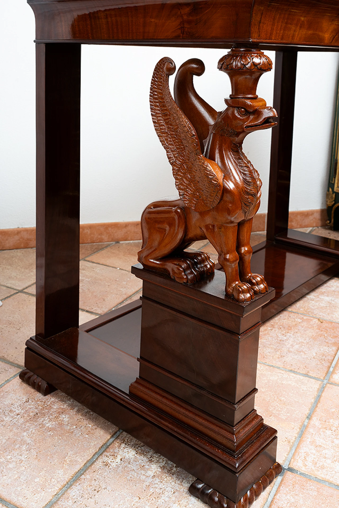 Empire mahogany feather console table with marble top, 19th century 4