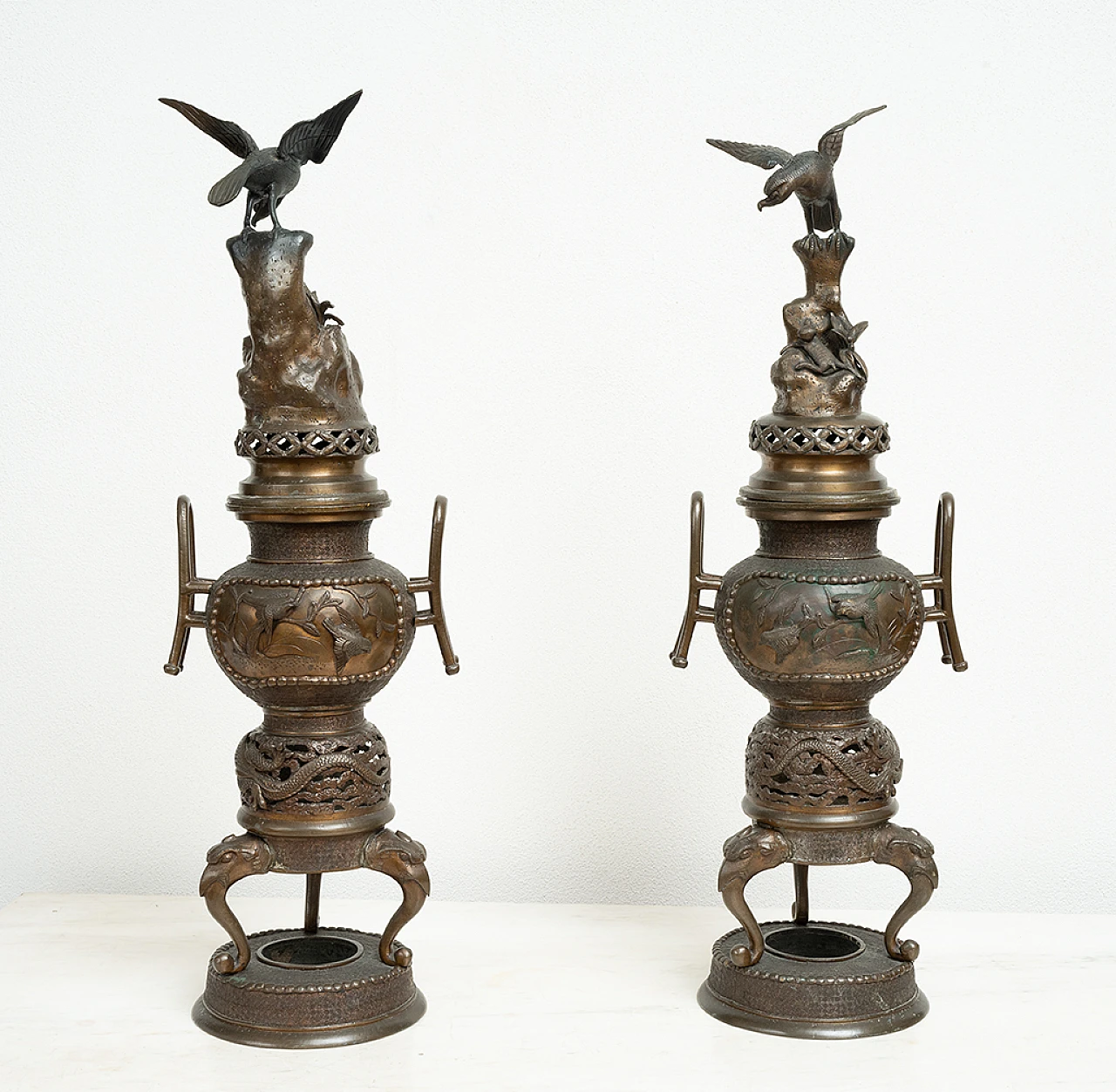 Pair of patinated antimony smoke-burning vases, early 20th century 7