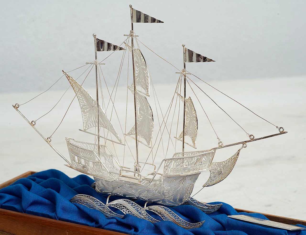 Filigreed silver sailboat, early 20th century 4