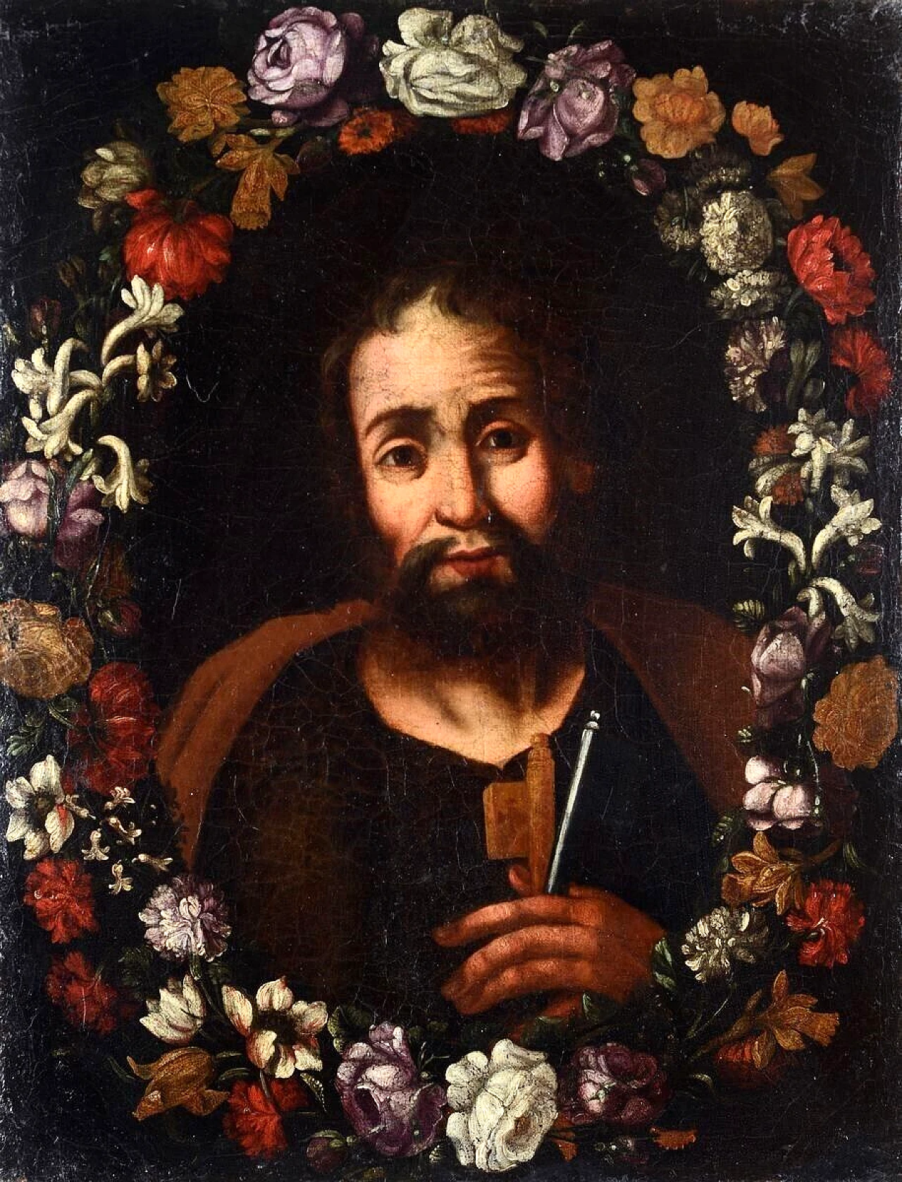 San Pietro entro ghirlanda di fiori, olio su tela, '600 1