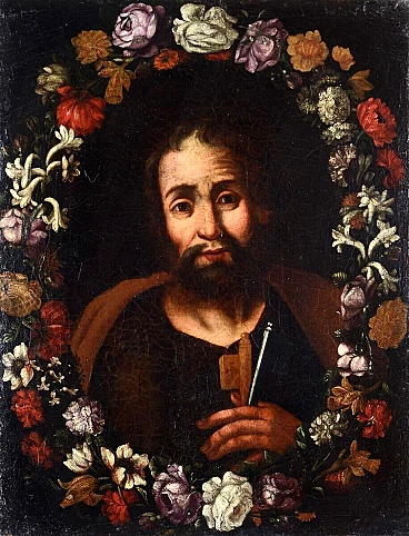 St. Peter within garland of flowers, oil on canvas, 17th century