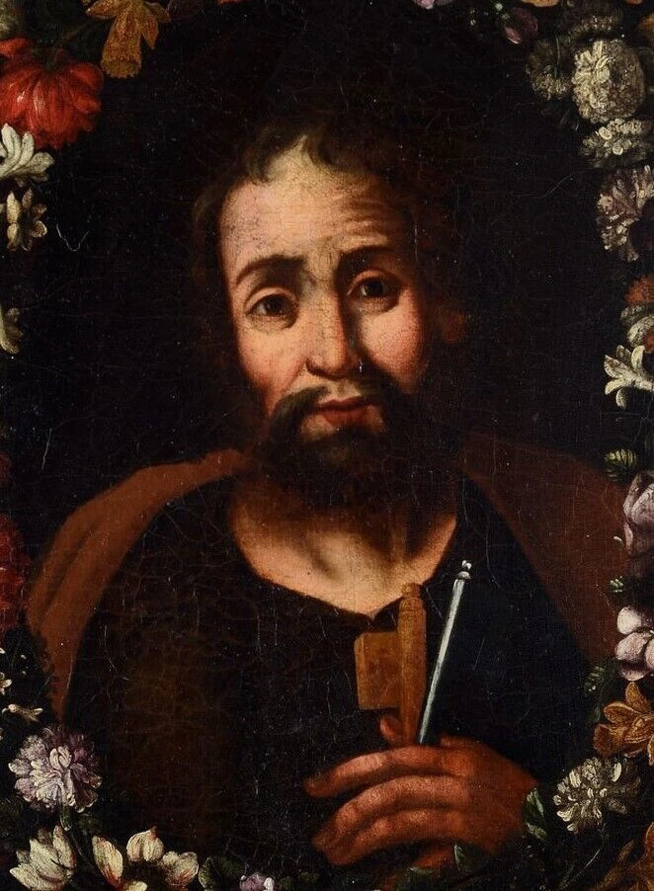 St. Peter within garland of flowers, oil on canvas, 17th century 2