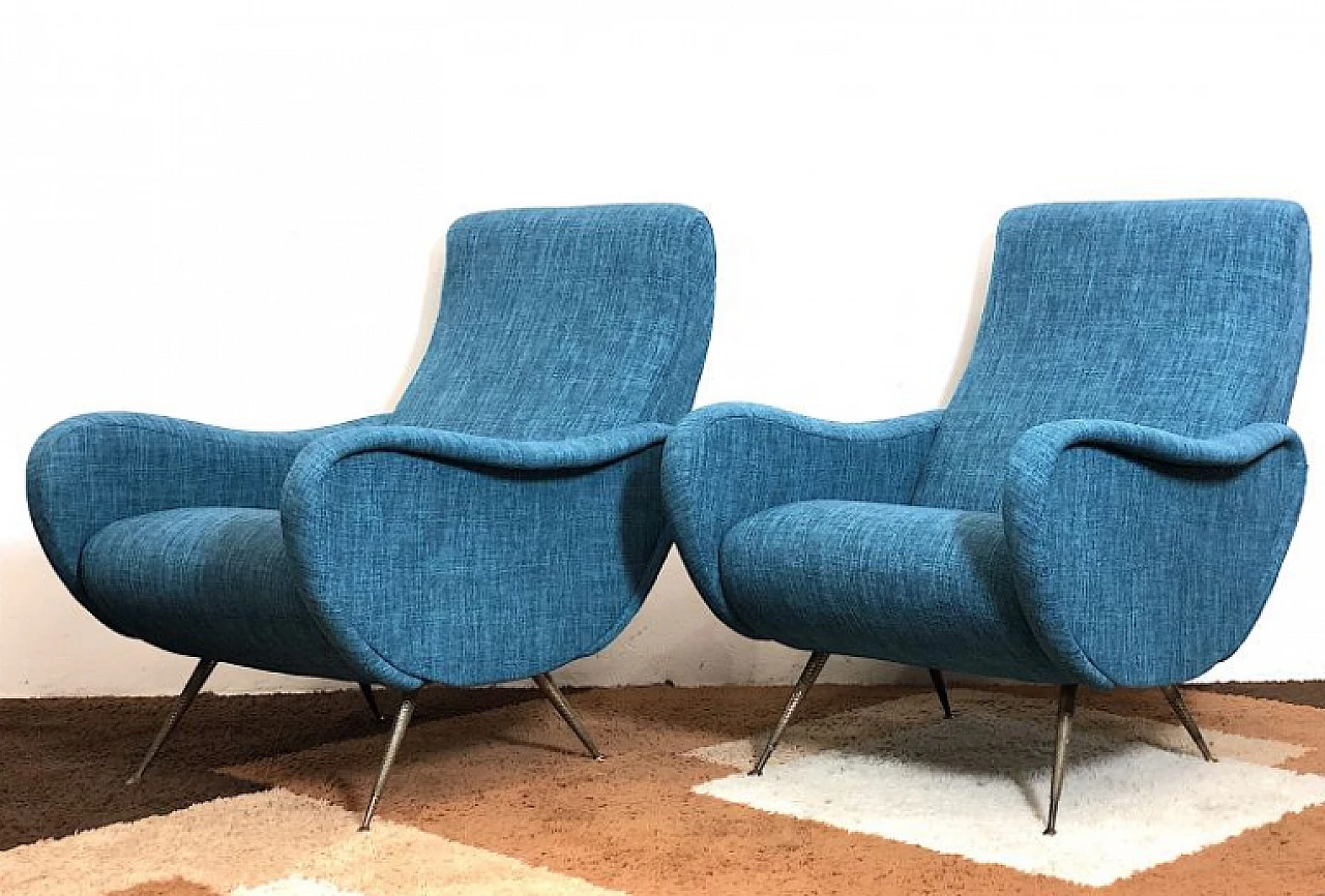 Pair of blue Lady armchairs attributed to Marco Zanuso, 1950s 1