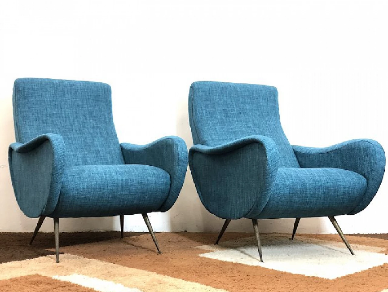 Pair of blue Lady armchairs attributed to Marco Zanuso, 1950s 2