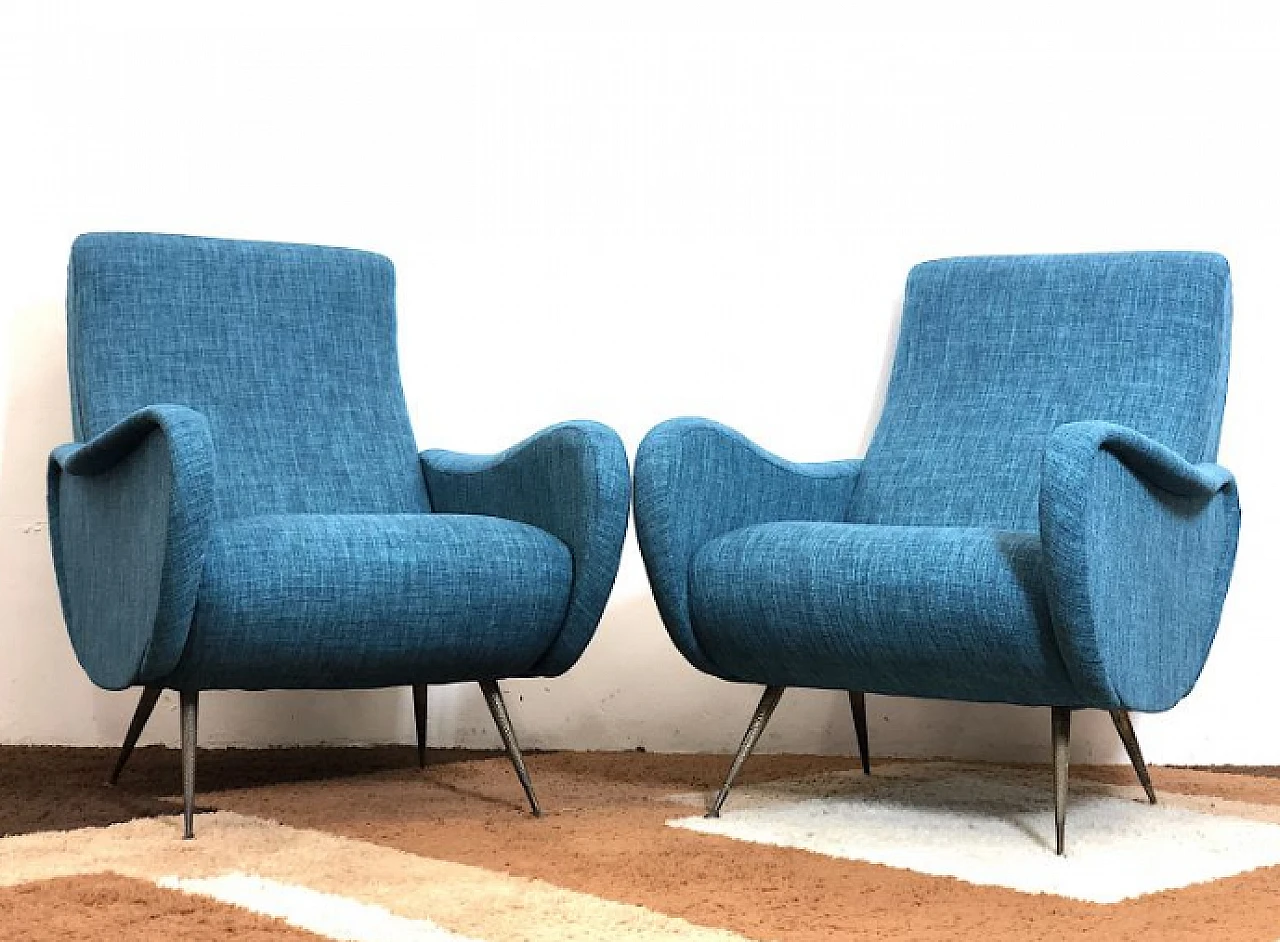 Pair of blue Lady armchairs attributed to Marco Zanuso, 1950s 4