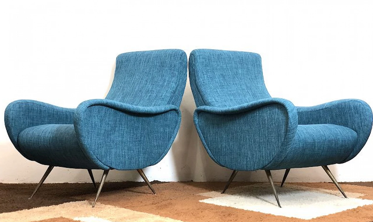 Pair of blue Lady armchairs attributed to Marco Zanuso, 1950s 5