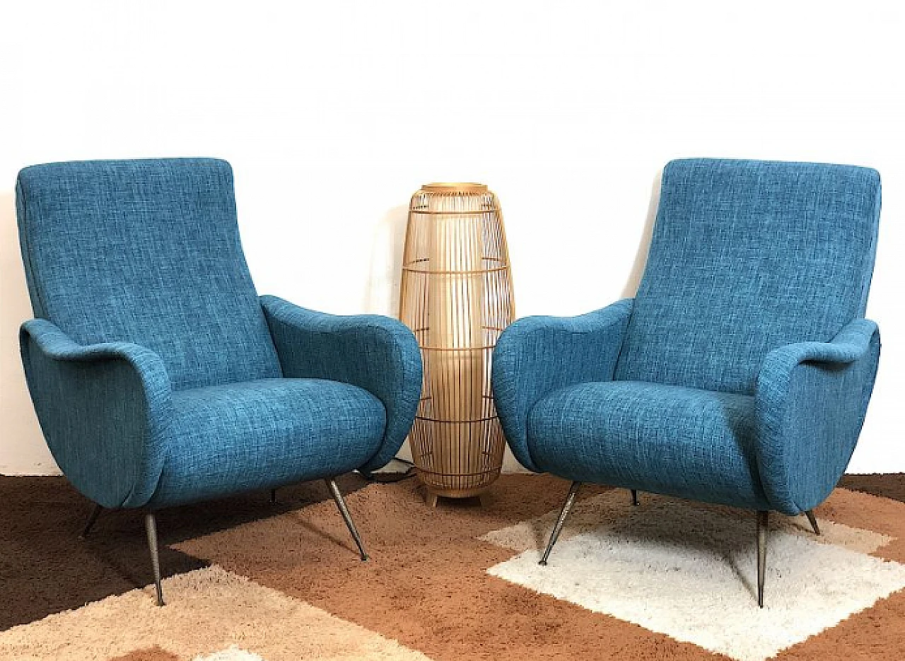 Pair of blue Lady armchairs attributed to Marco Zanuso, 1950s 13