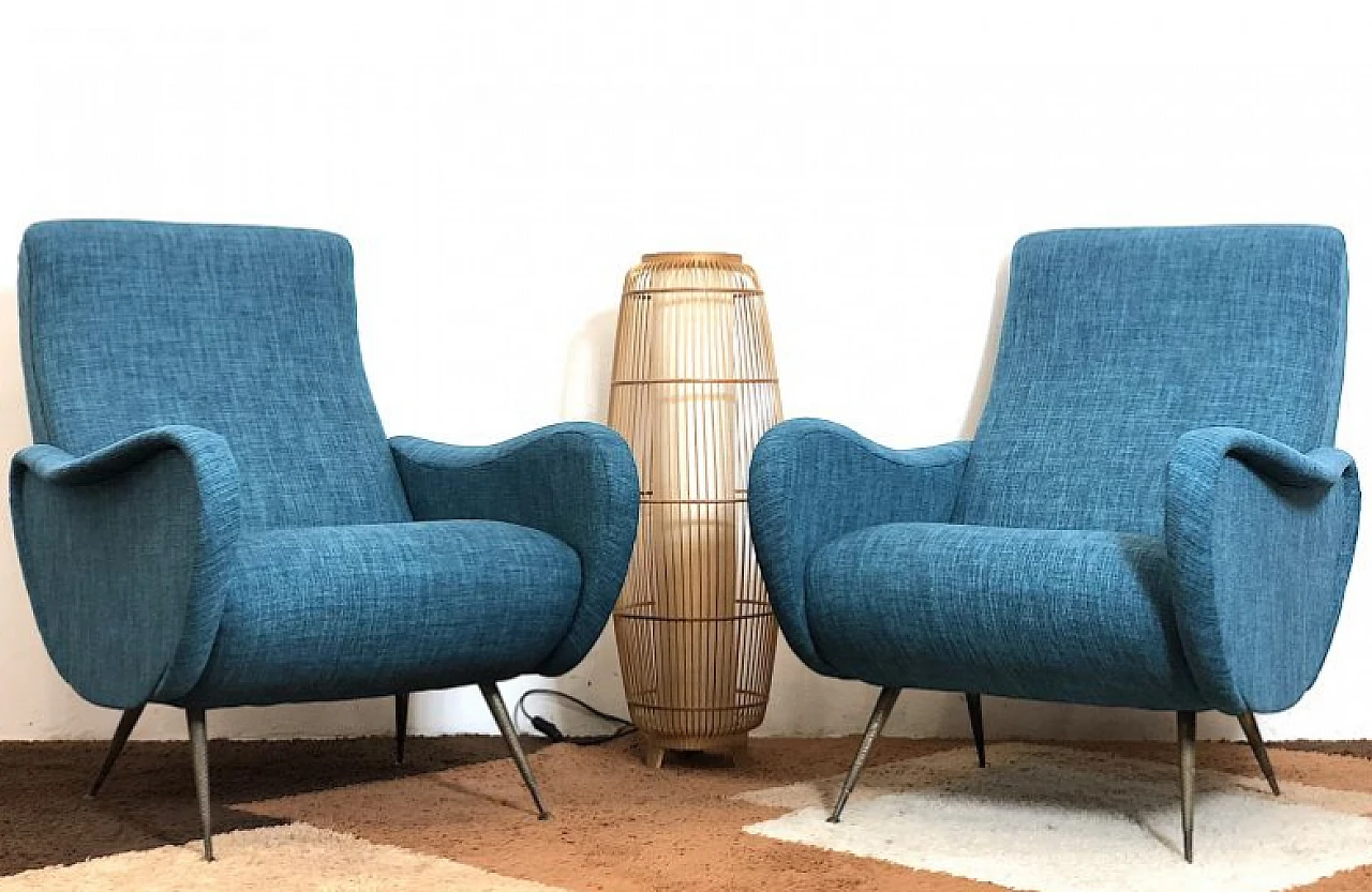 Pair of blue Lady armchairs attributed to Marco Zanuso, 1950s 15