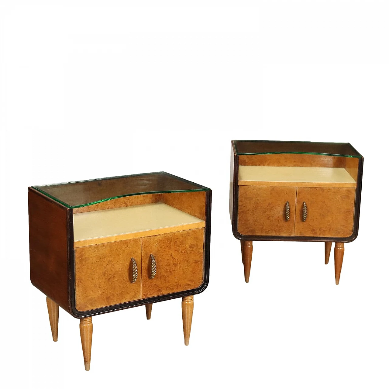 Pair of Art Deco nightstands in briarwood, brass and glass, 1940s 1