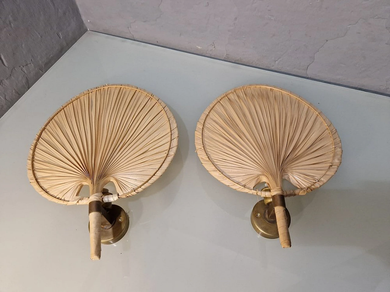 Pair of straw and bamboo wall sconces Ingo Maurer style, 1970s 1