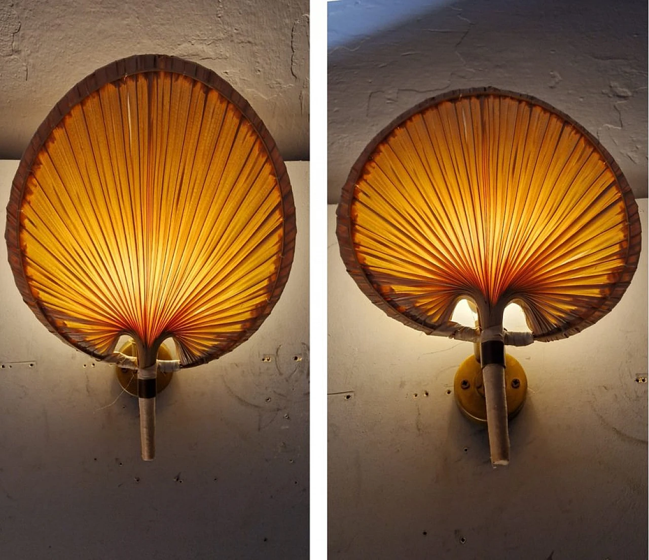 Pair of straw and bamboo wall sconces Ingo Maurer style, 1970s 2