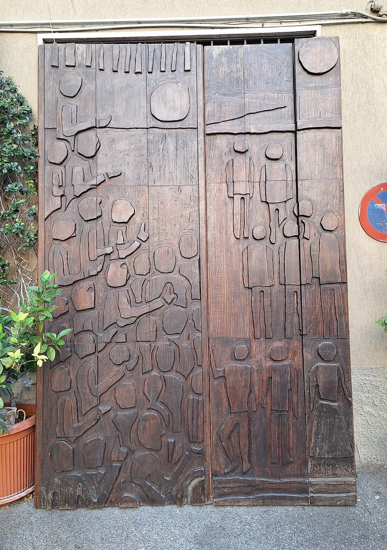 Decorative panel in dark patinated wood with designs, 1960s 1