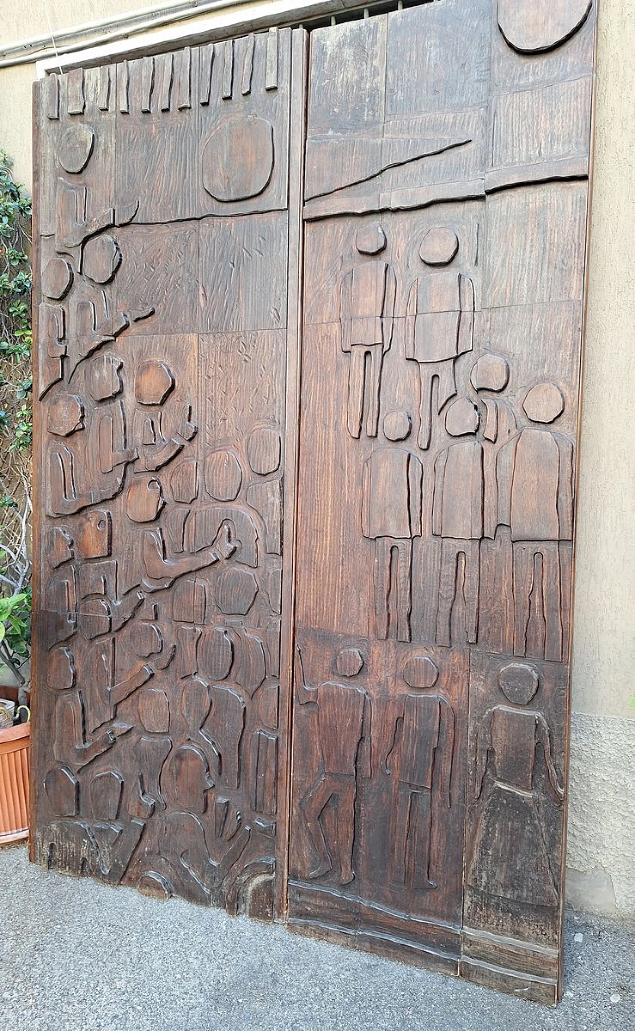 Decorative panel in dark patinated wood with designs, 1960s 6