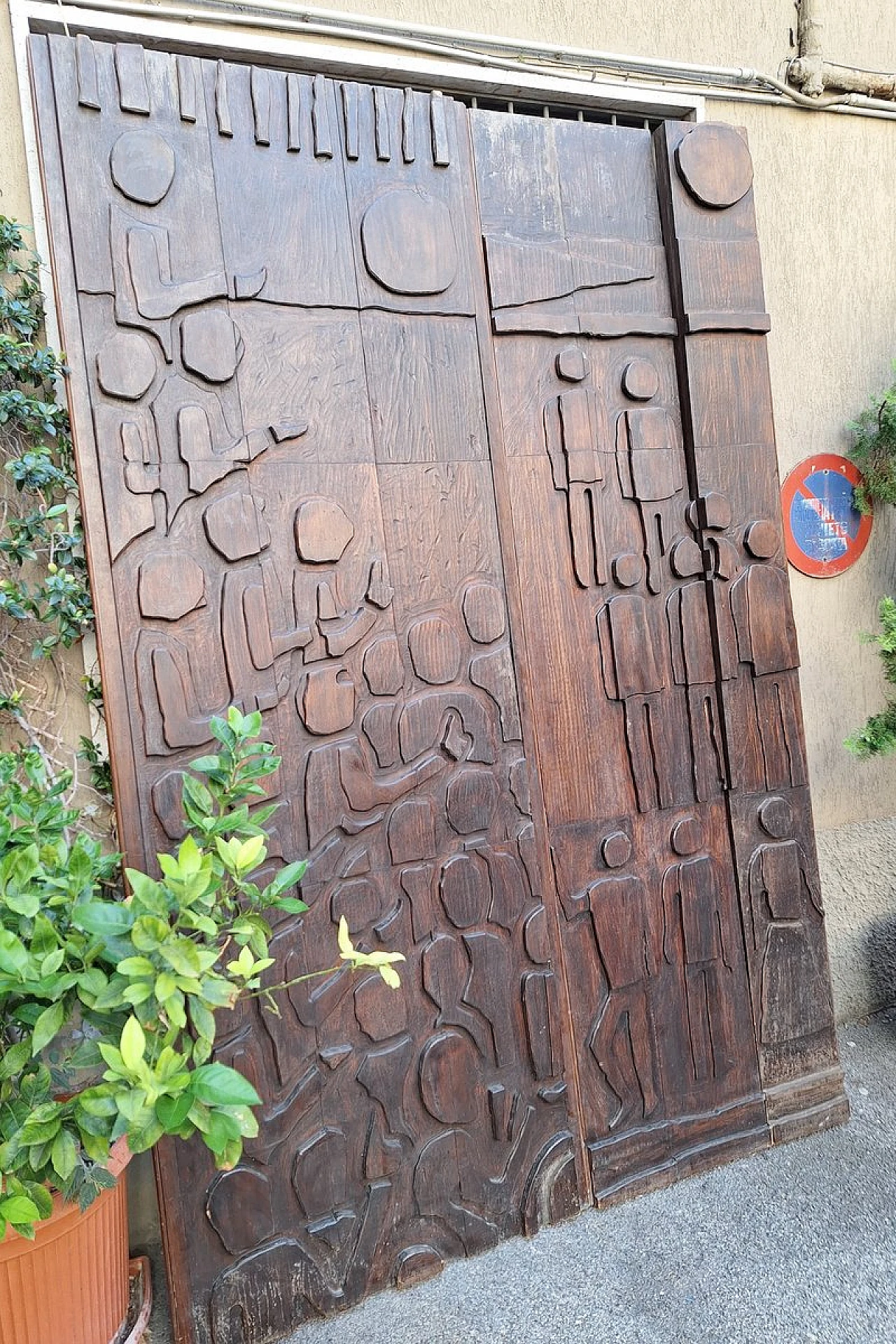 Decorative panel in dark patinated wood with designs, 1960s 7