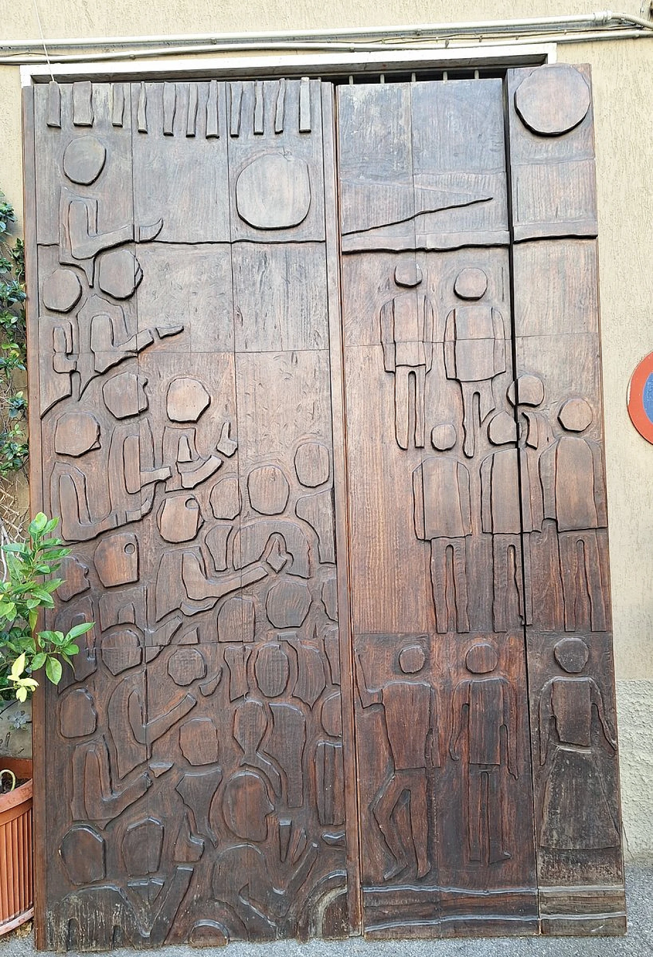 Decorative panel in dark patinated wood with designs, 1960s 8