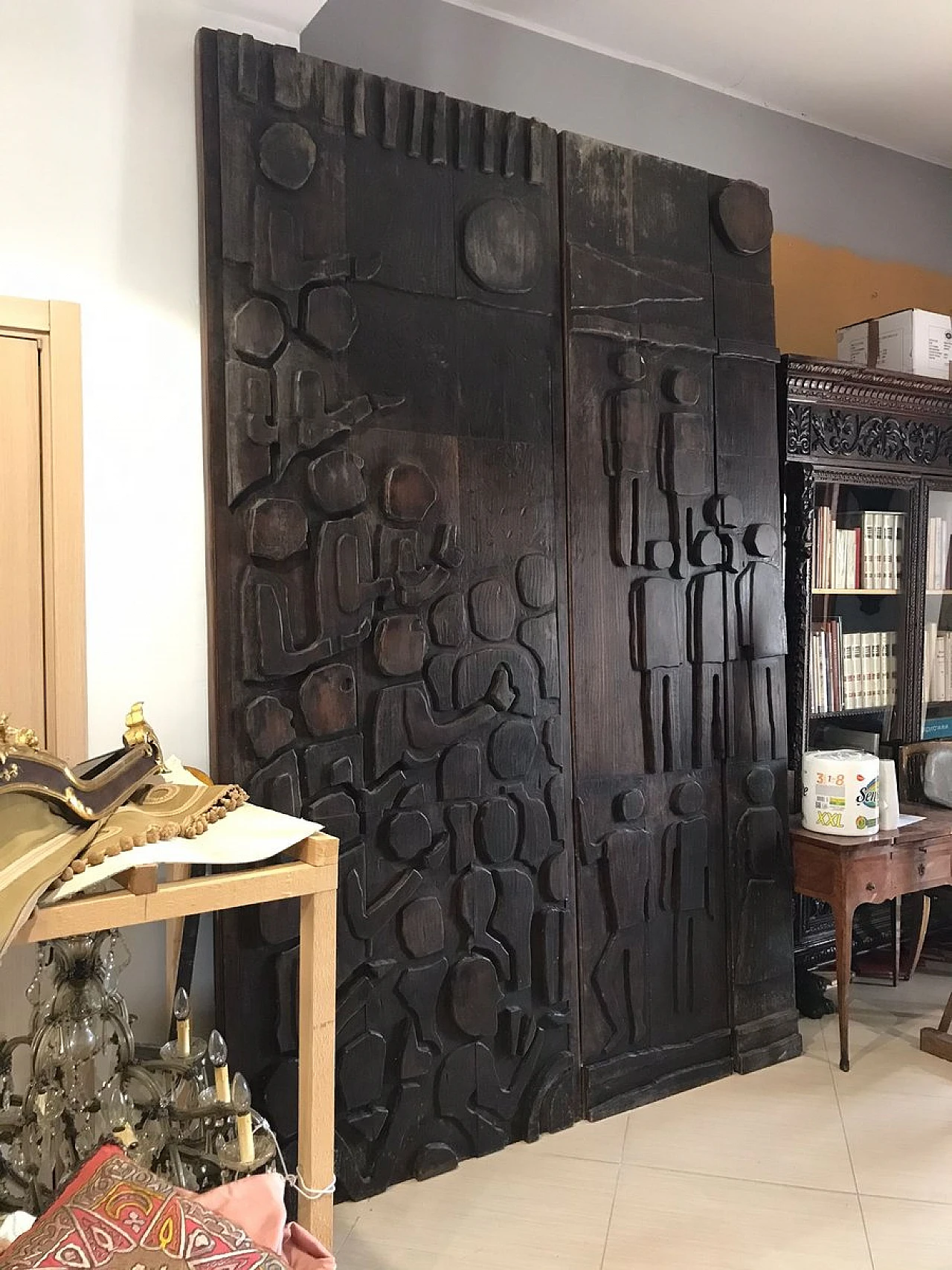 Decorative panel in dark patinated wood with designs, 1960s 17