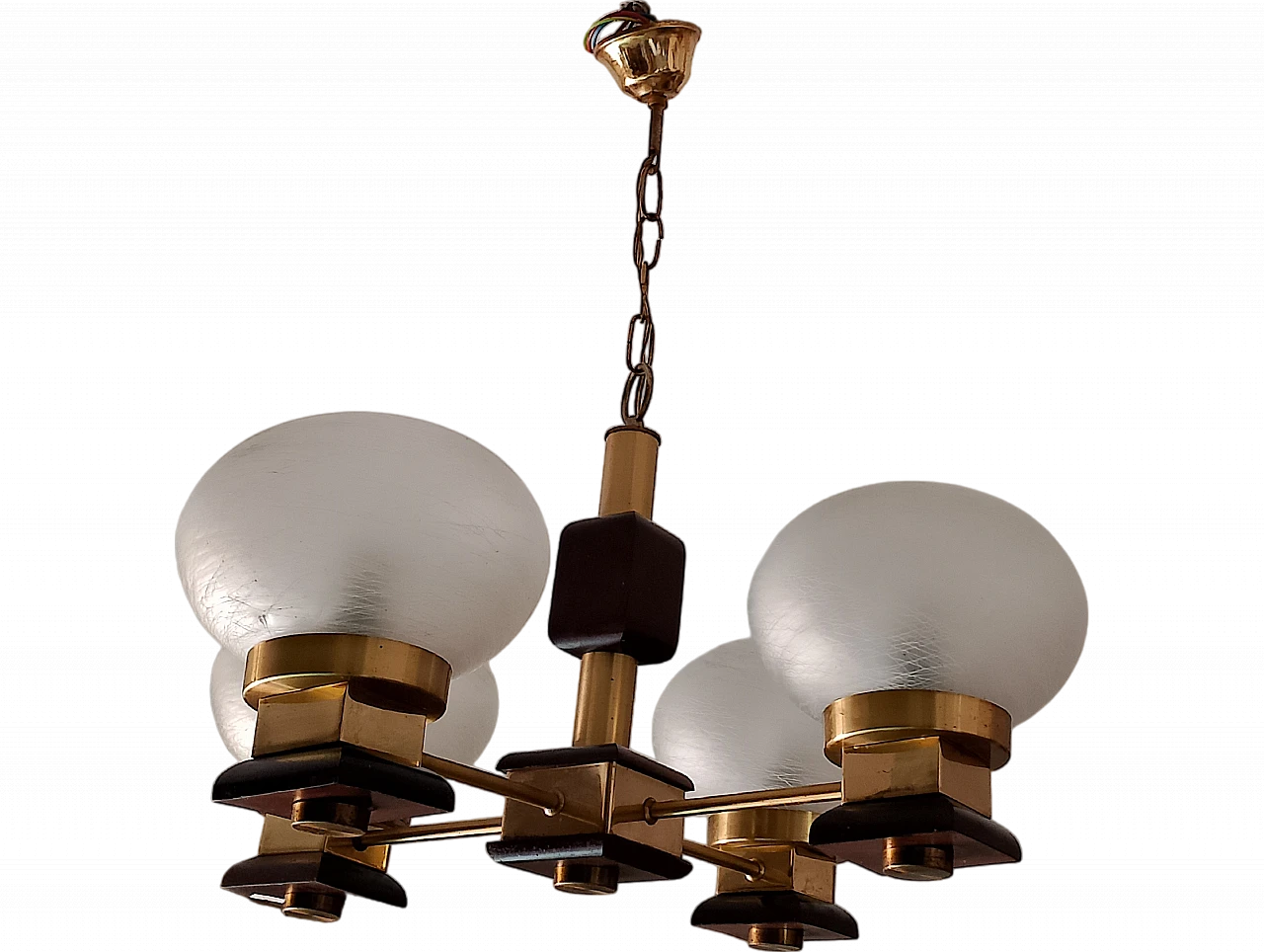 Metal, glass and wood chandelier, 1980s 17