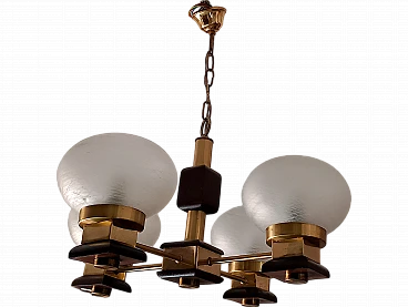 Metal, glass and wood chandelier, 1980s