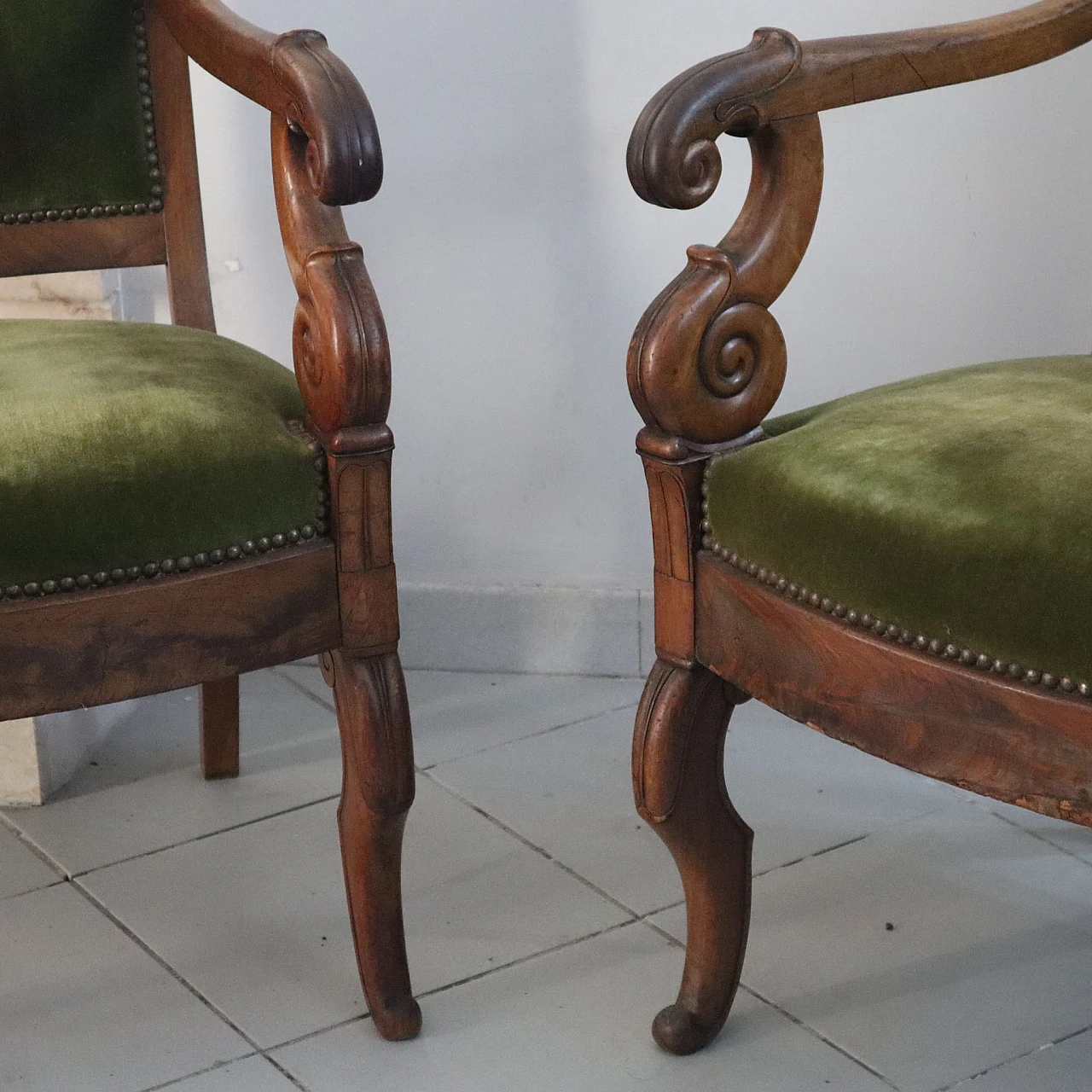 Pair of walnut armchairs with green fabric, 19th century 1