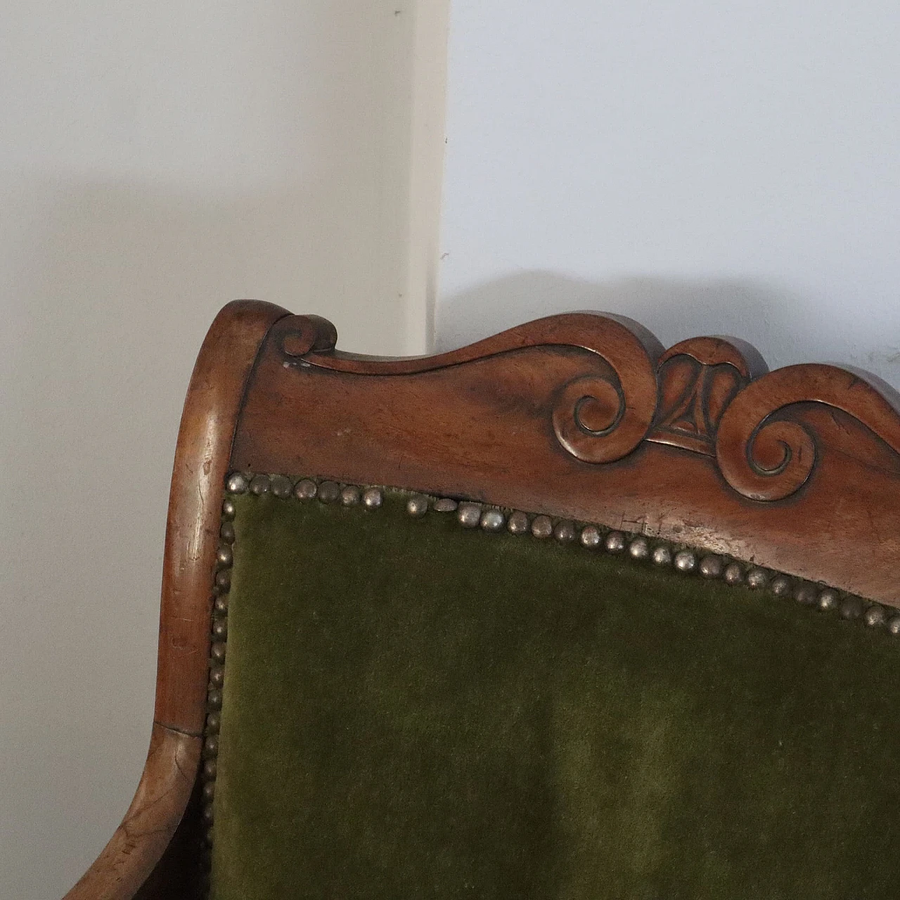 Pair of walnut armchairs with green fabric, 19th century 2