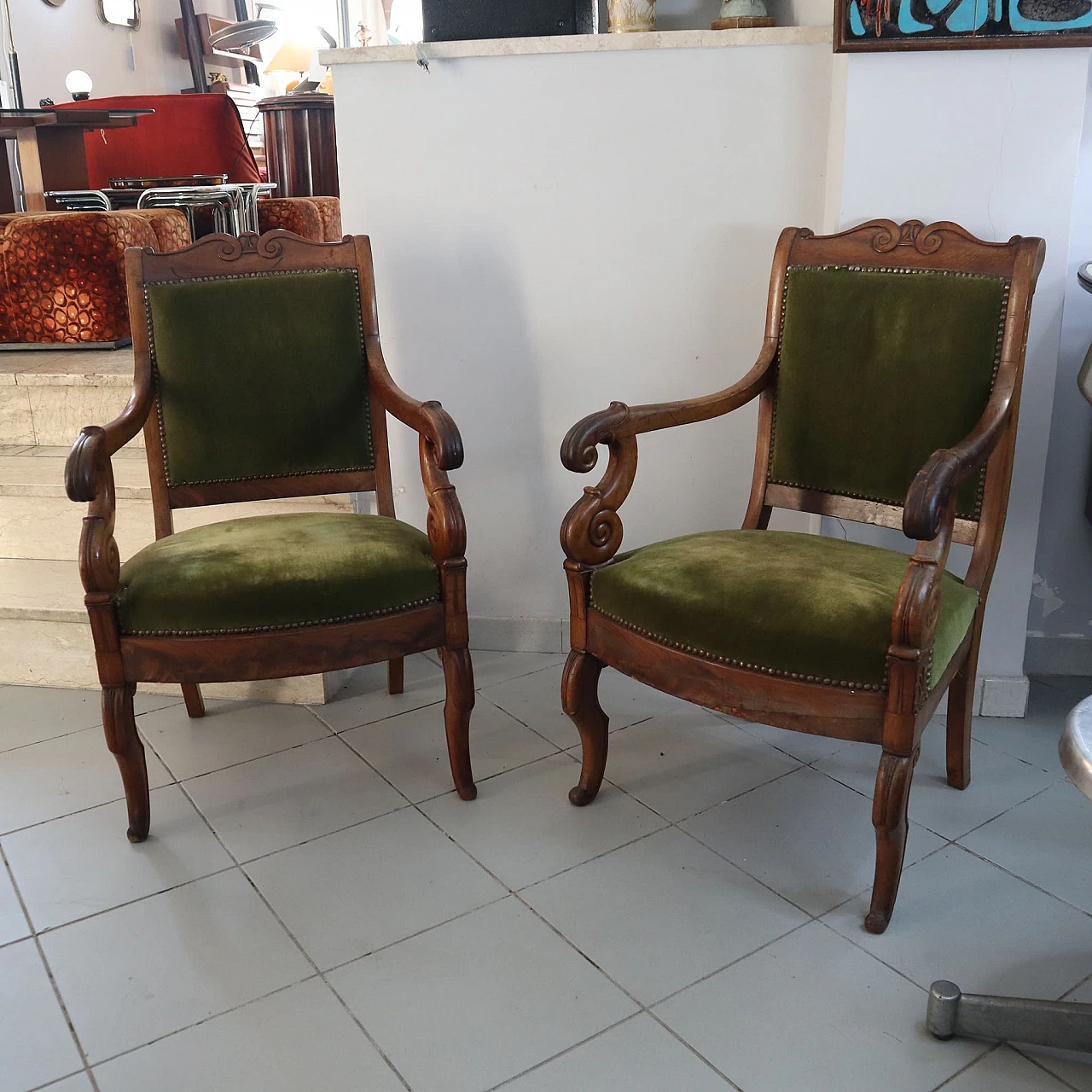 Pair of walnut armchairs with green fabric, 19th century 3